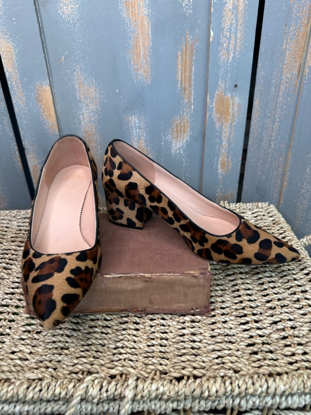 J. Crew Laney Pointed Toe Block Heel Leopard Calf Hair Pumps Sz 8